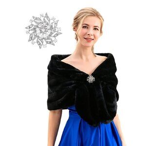 3249 Women's Fur Shawls And Wraps Bridal Faux Stoles Scarf With Brooch